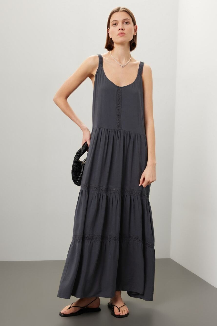 Splendid Sz M Haven Black Lace Detail Tiered V-Neck Relaxed Tank Maxi Dress